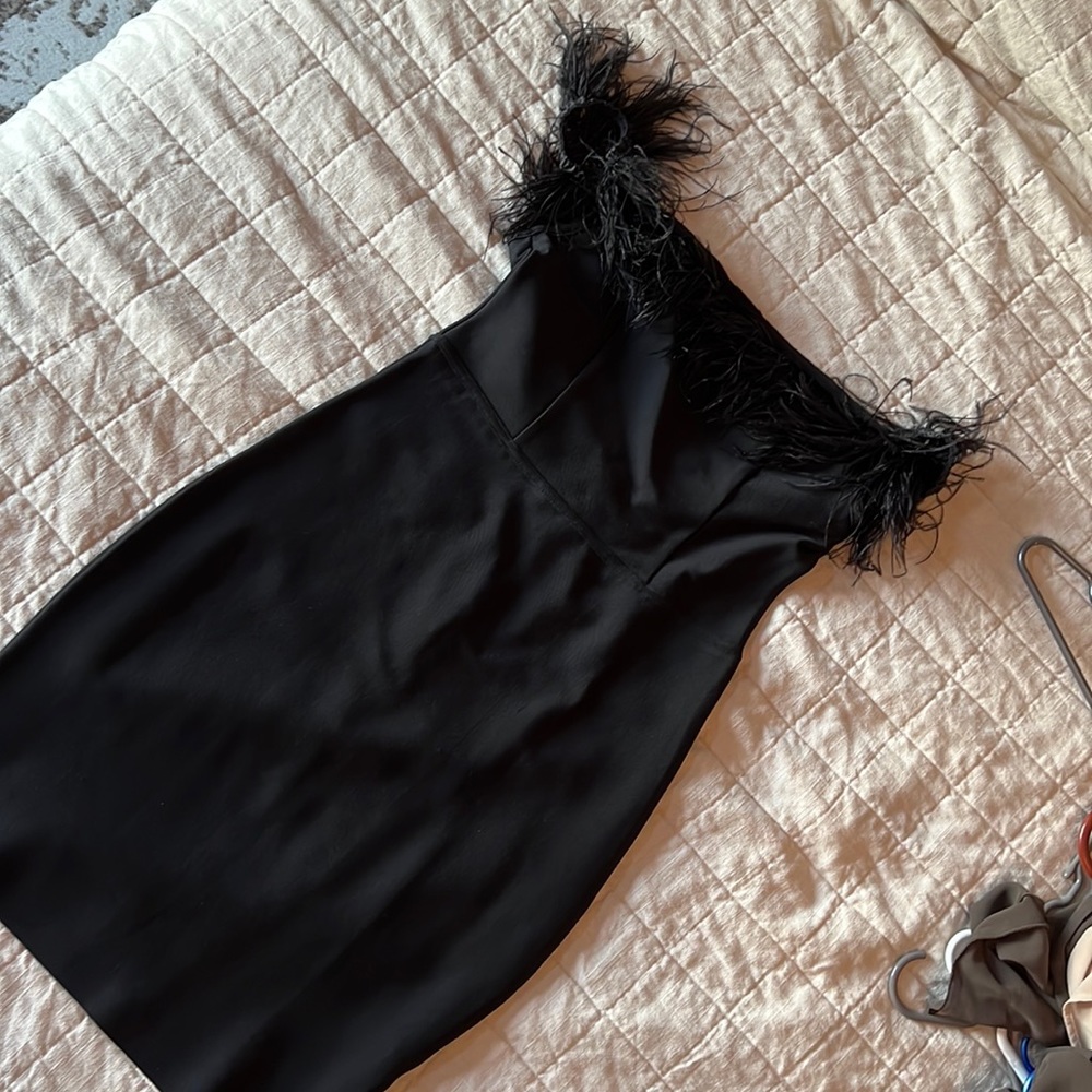 Black bandage dress with faux ostrich feather